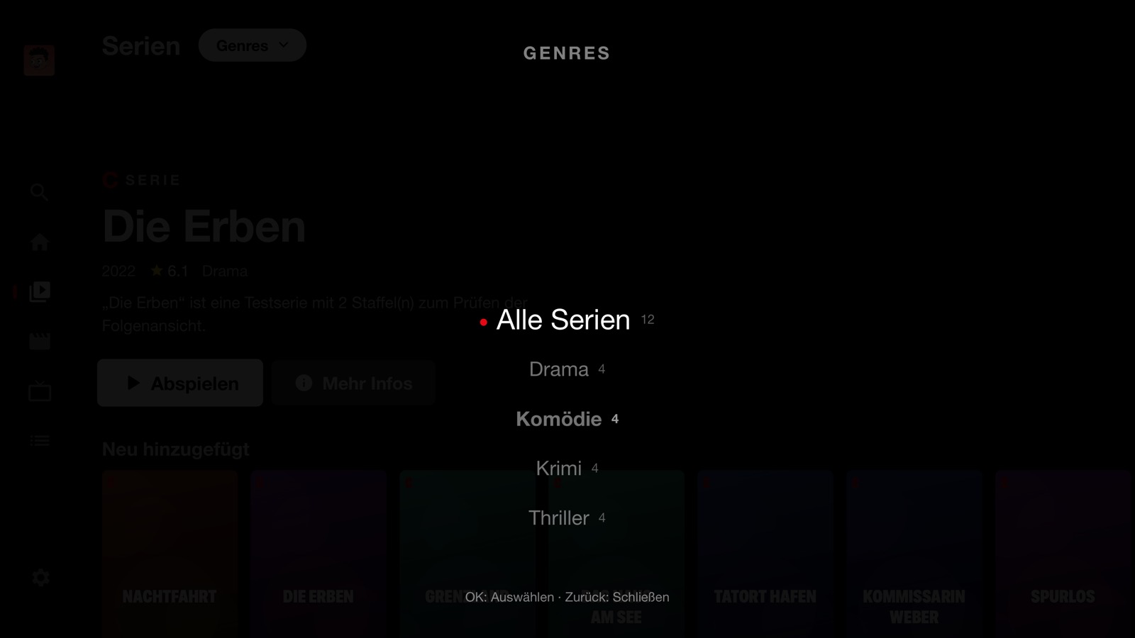 Genre-Auswahl mit Drama, Komödie, Krimi und Thriller