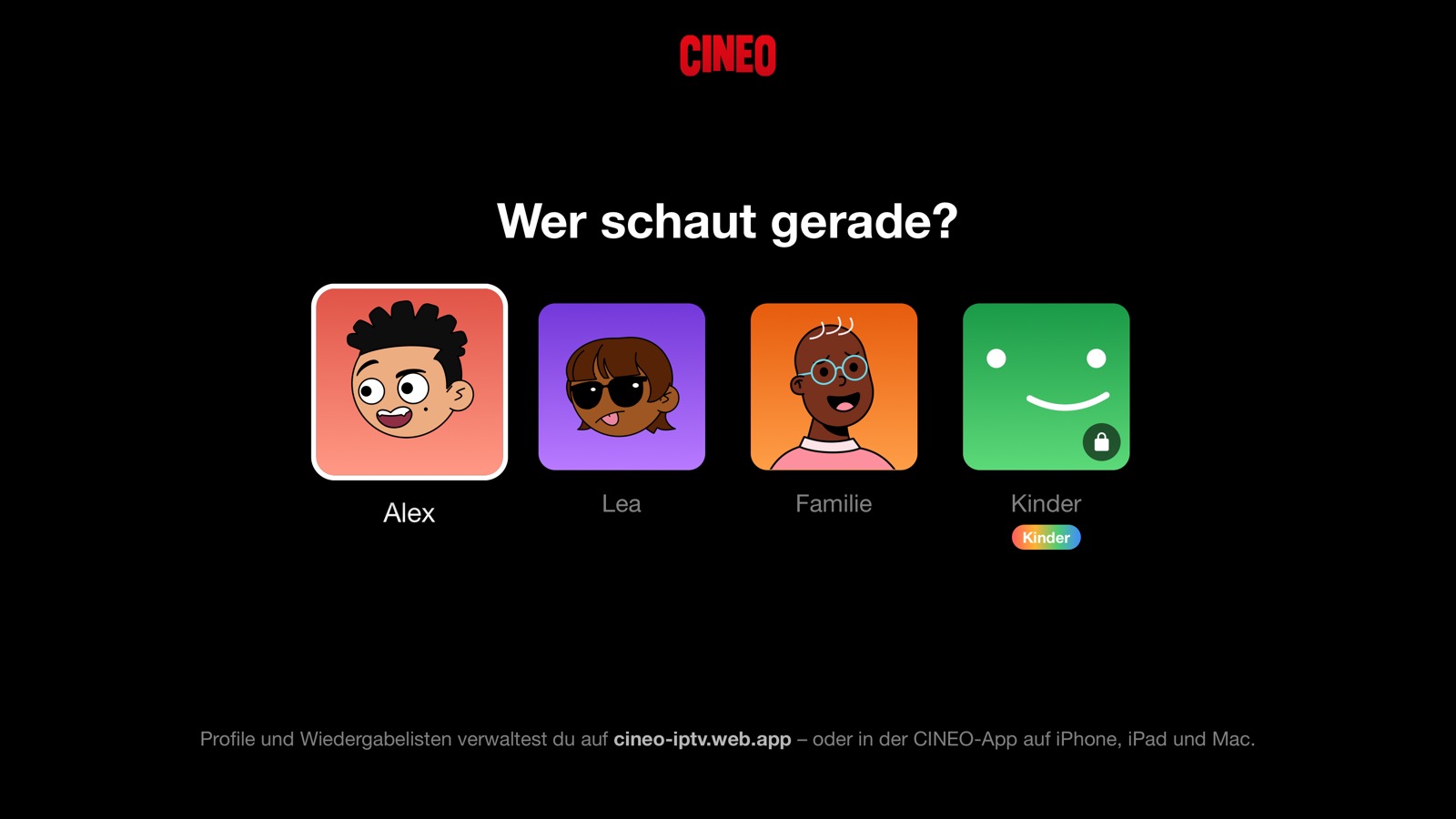 Profilauswahl „Wer schaut gerade?“ mit vier Profilen, eines davon ein Kinderprofil mit PIN